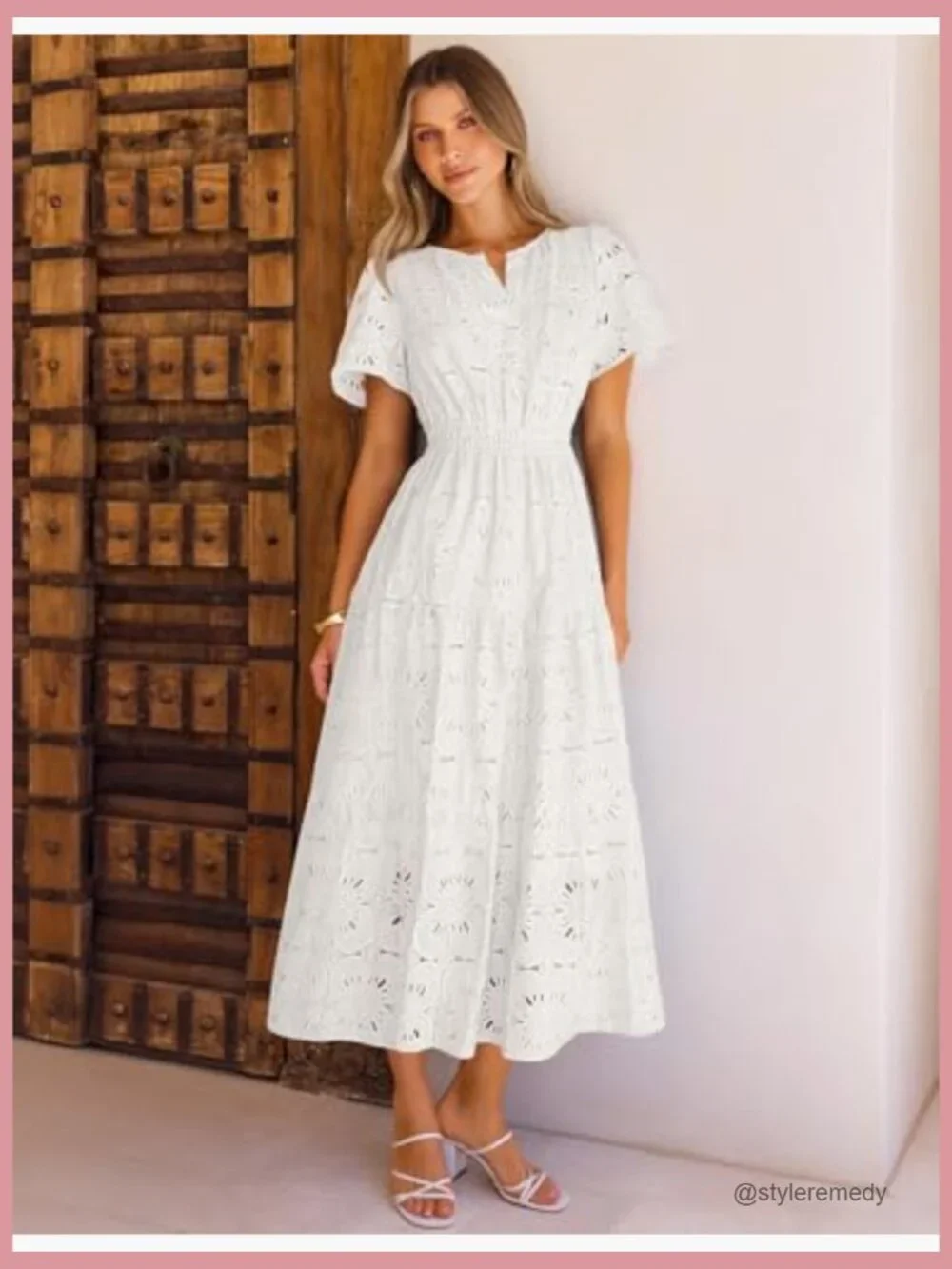 Floral Eyelet Maxi Dress with V-Neck and Tiered Hem - Picture 6 of 7